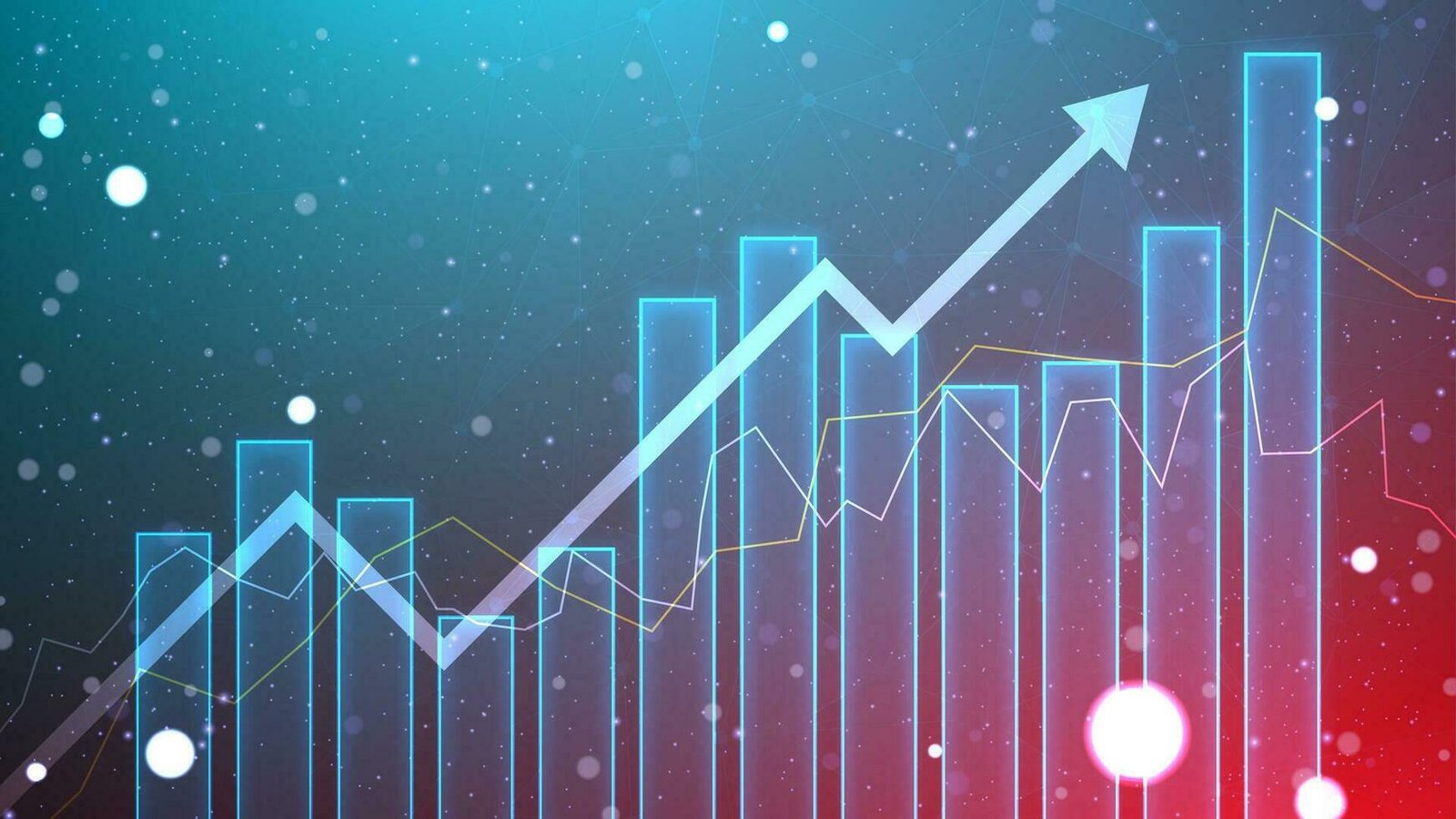 business-growth-illustration-with-the-bar-chart-static-and-up-arrow-successful-financial-graphic-on-blue-background-stock-market-growth-in-futuristic-technology-style-vector